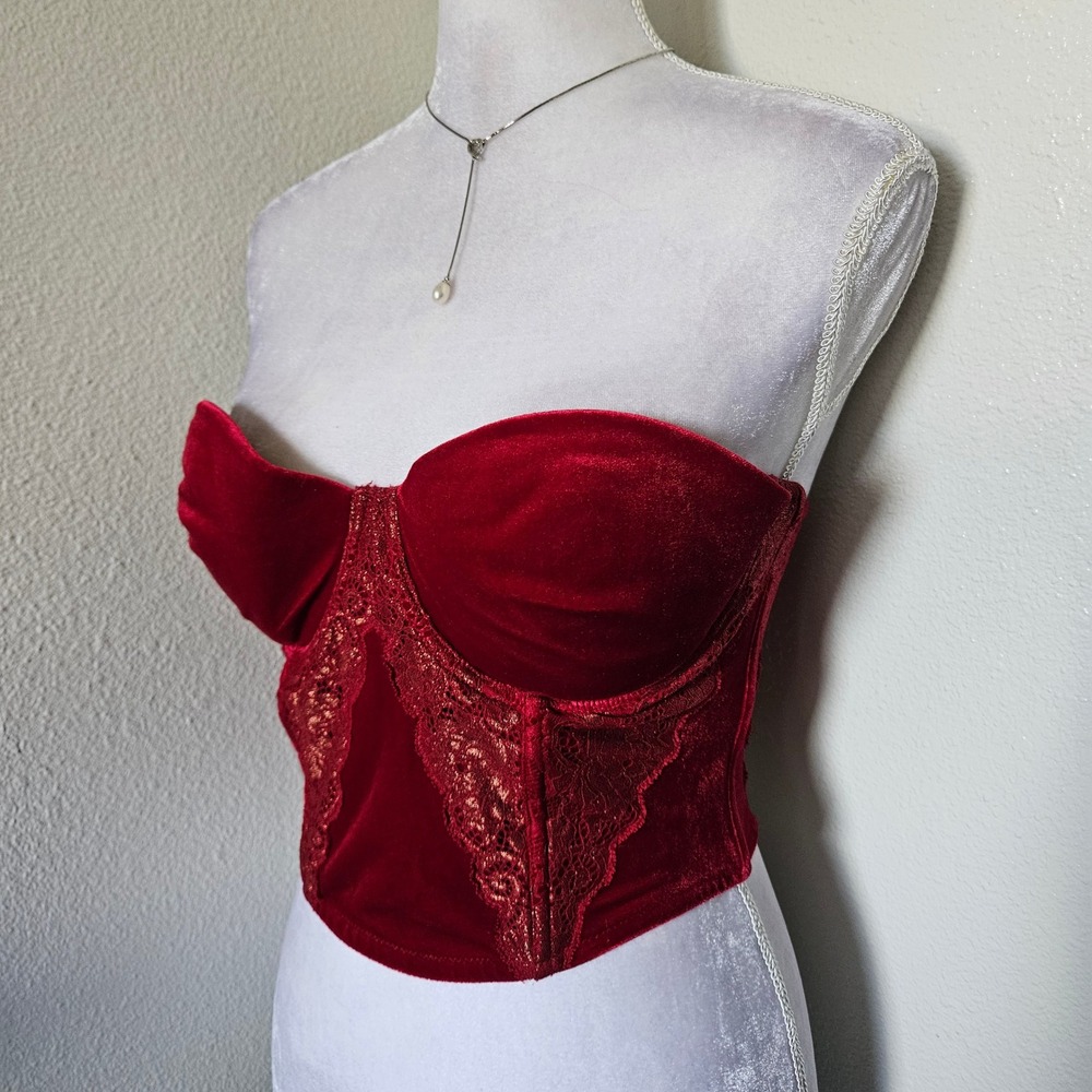 Victoria's Secret Red Velvet Metallic Lace Bustier Top 34D